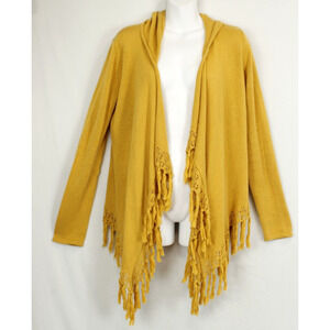 Finesse Open Front Cardigan Hooded Sweater Women M Fringe Long Sleeve Gold
